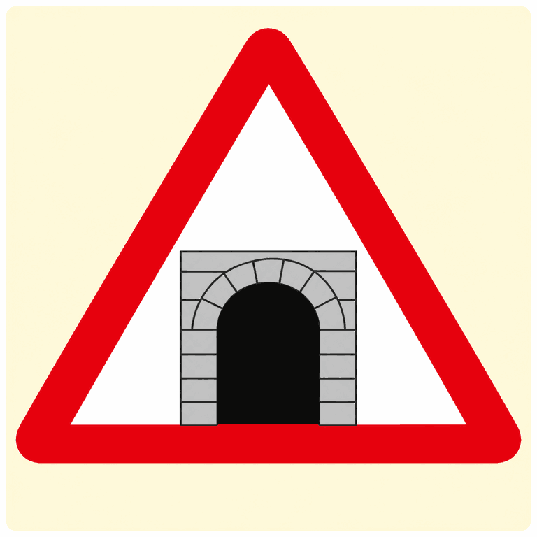 Red-bordered warning triangle containing a grey arched tunnel mouth: a tunnel ahead.