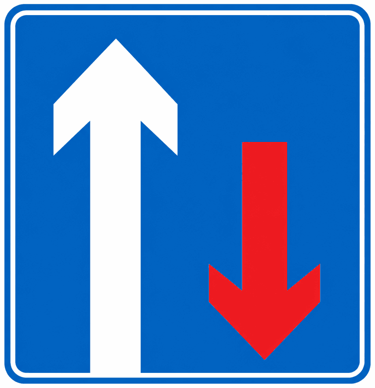 Blue square sign with a large white arrow pointing up beside a smaller red arrow pointing down: you have priority over oncoming traffic.