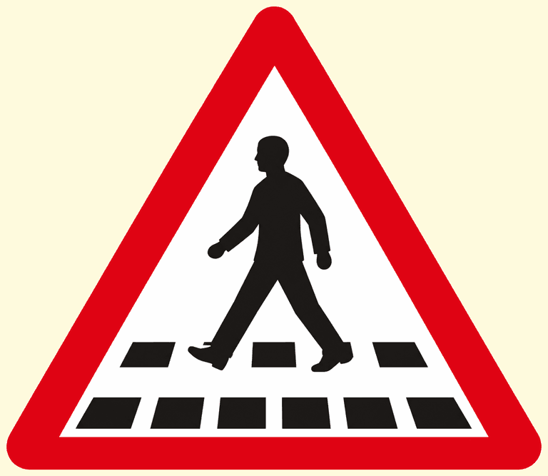 Red-bordered warning triangle showing a person striding across black and white stripes: a zebra crossing ahead.