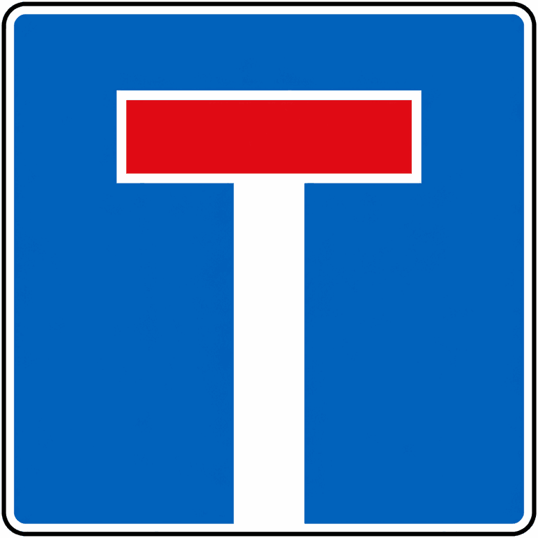 Blue square sign with a white road stem capped by a red bar: the road ahead is a dead end.